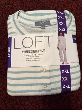 LOFT Women's Henley Sleep Set - Cream with Light Aqua Stripes